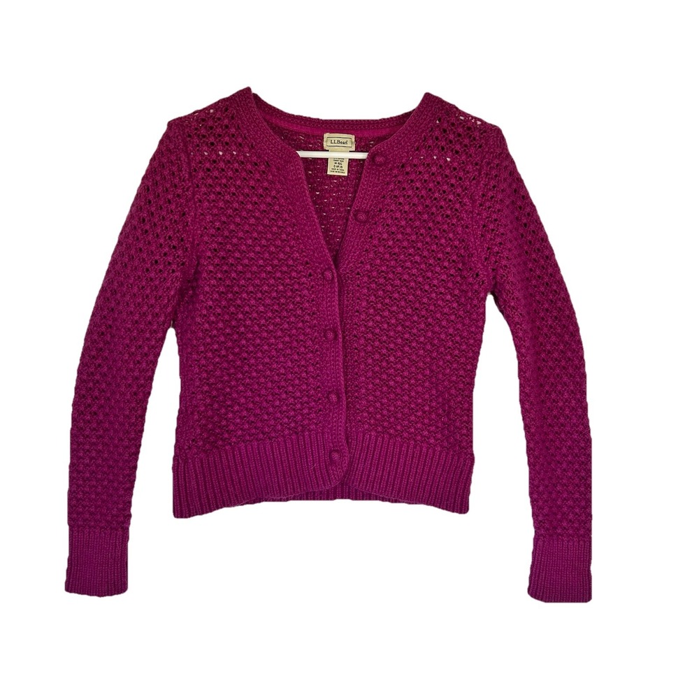 LL Bean Women's Dot Knit Wool Blend Cardigan Covered Buttons Magenta READ***